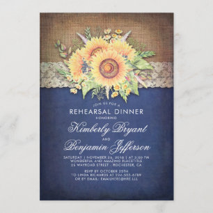Burlap Lace Sunflower Navy Rustic Rehearsal Dinner Invitation