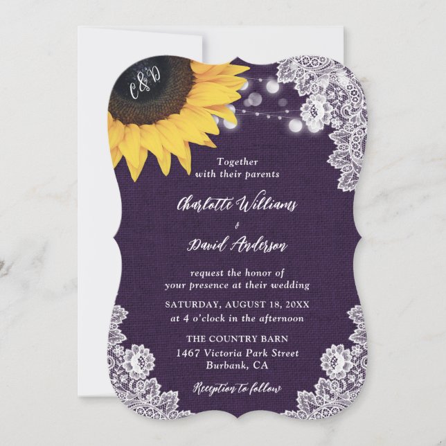 Burlap Lace Sunflower Purple Wedding Invitations (Front)