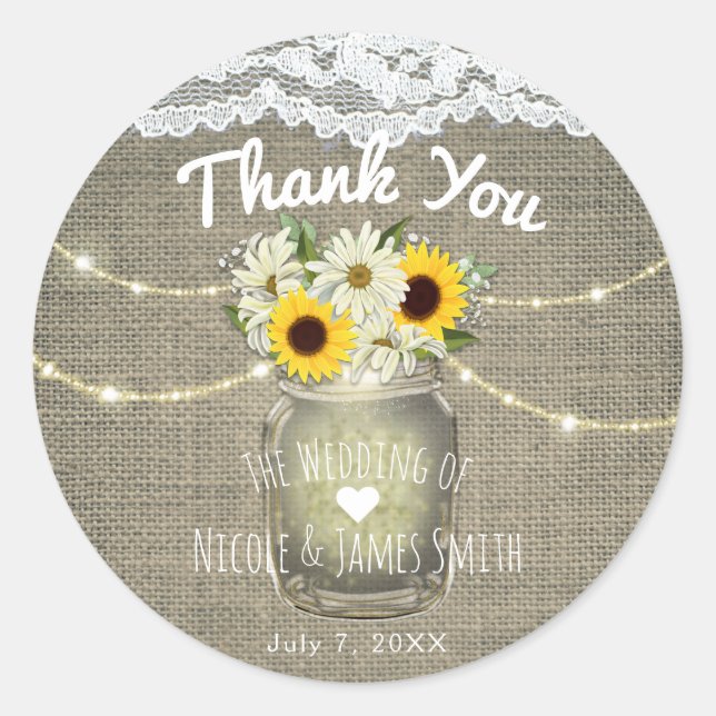 Burlap Lace Sunflowers & Daisies Mason Jar Rustic Classic Round Sticker (Front)