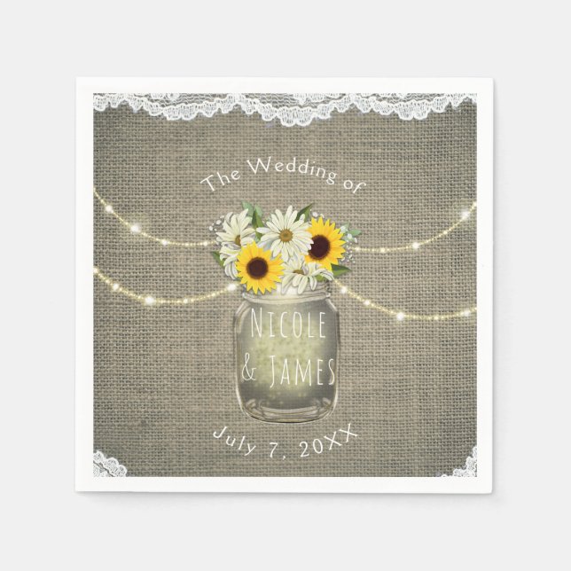 Burlap Lace Sunflowers & Daisies Mason Jar Rustic Napkin (Front)