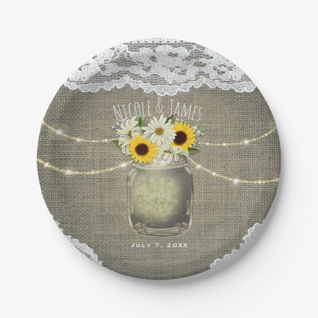 Burlap Lace Sunflowers & Daisies Mason Jar Wedding Paper Plate (Front)