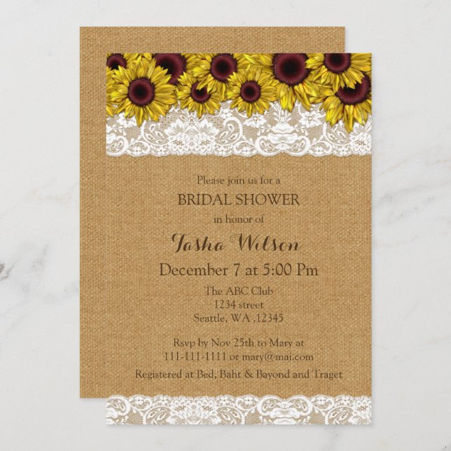 Burlap Lace Sunflowers Rustic Bridal Shower Invite (Front/Back)