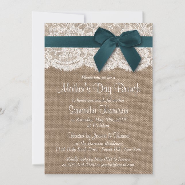 Burlap, Lace & Teal Bow Mother's Day Brunch Invitation (Front)