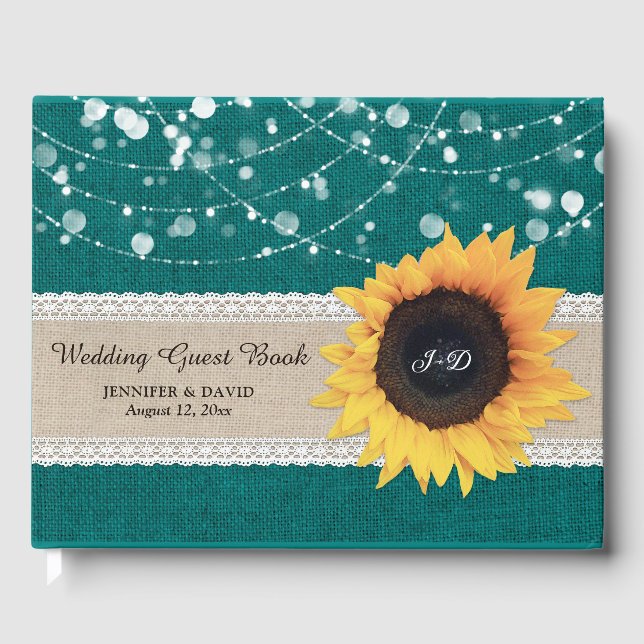Burlap Lace Teal Sunflower Wedding Guest Book (Front)