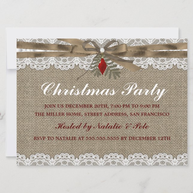Burlap & Lace Vintage Christmas Party Invite (Front)
