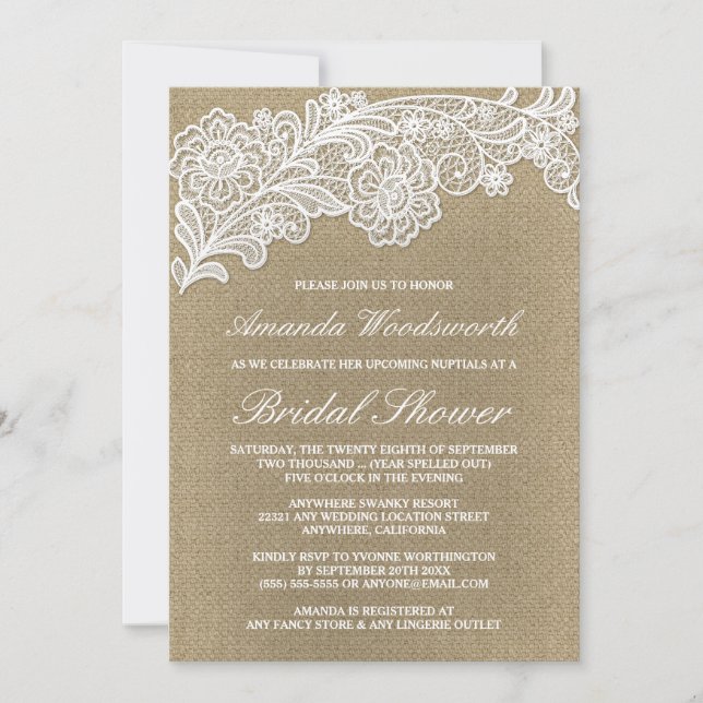 Burlap + Lace Wedding Bridal Shower Invitations (Front)