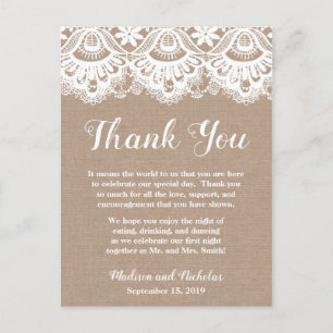 Burlap Lace Wedding Place Setting Thank You Cards
