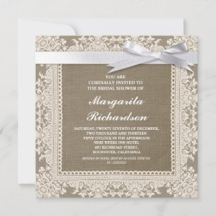 burlap lace & white ribbon bridal shower invites