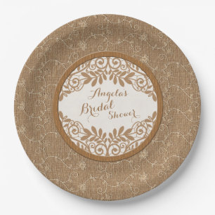 Burlap Lace Wood Rustic Wedding Bridal Shower Paper Plate