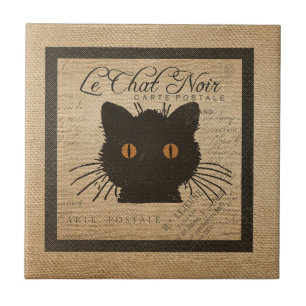 Burlap Le Chat Noir French The Black Cat Ceramic Tile