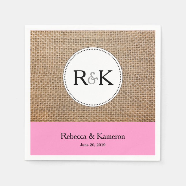 Burlap & Light Pink Monogrammed Wedding Napkin (Front)