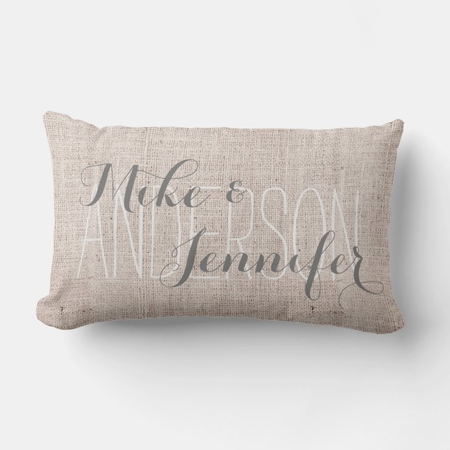 Burlap-like Personalise Wedding Names Date Gift Lumbar Cushion (Front)