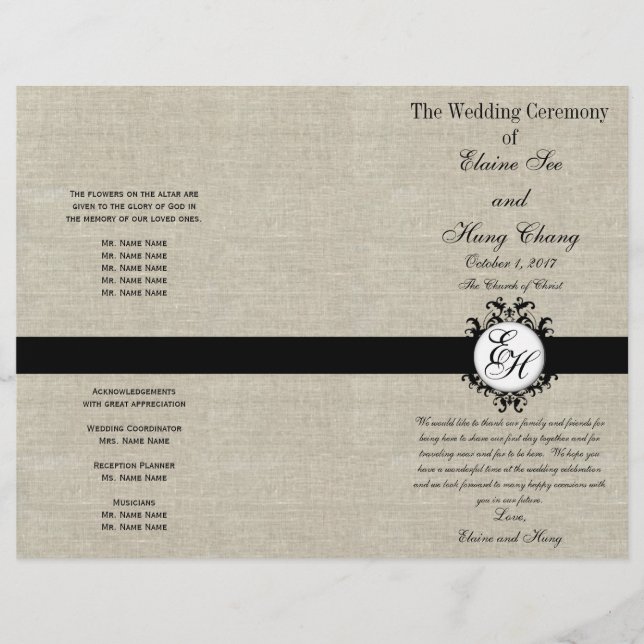 Burlap Linen Black Wedding Program Chic Monogram (Front)