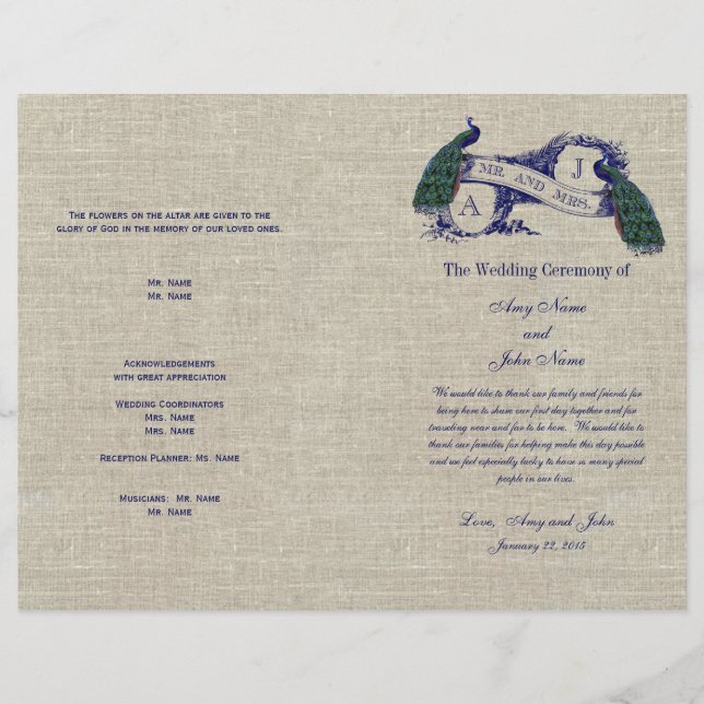 Burlap Linen Peacocks Rustic  Wedding Program (Front)