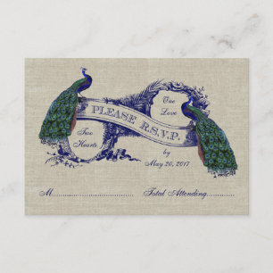 Burlap Linen Peacocks Rustic Wedding RSVP CARD