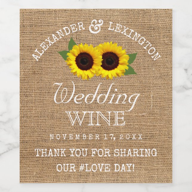 Burlap Look and Sunflowers Rustic Country Wedding Wine Label (Single Label)