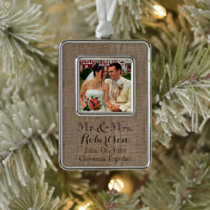 Burlap-Look Rustic Wedding Couple First Christmas Silver Plated Framed Ornament