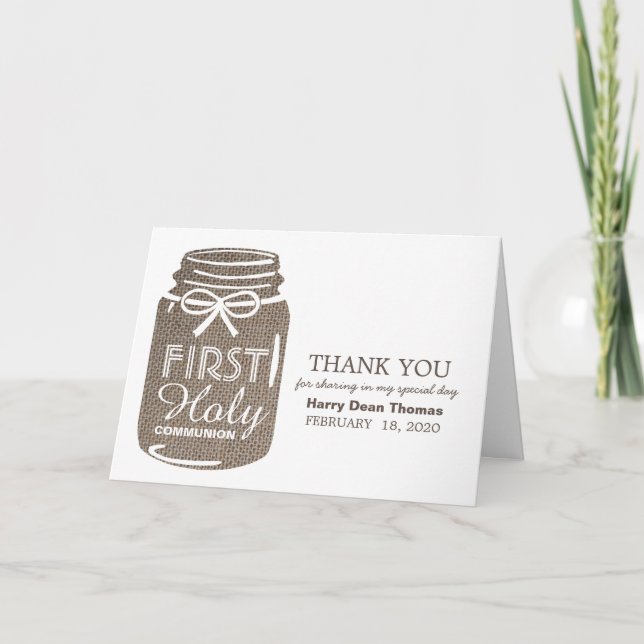 Burlap Mason Jar, First Holy Communion Thank You Card (Front)