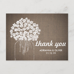 Burlap Mason Jar Flowers Wedding Thank You Postcard