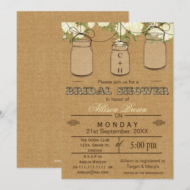 Burlap , mason jars, rustic bridal shower Invites (Front/Back)