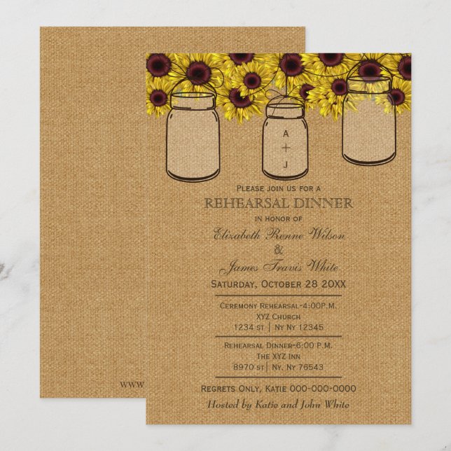 Burlap Mason Jars Sunflowers Rehearsal Dinner Invitation (Front/Back)