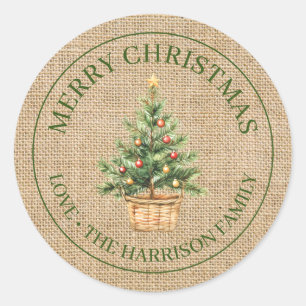 Burlap Merry Christmas Rustic Watercolor Tree Classic Round Sticker