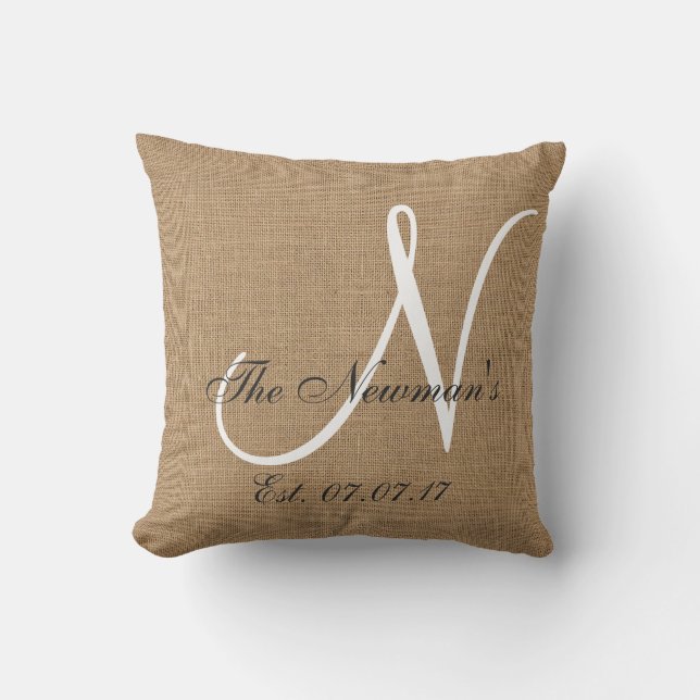 Burlap Monogram Family Keepsake Pillow (Front)