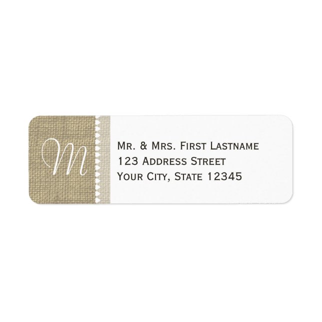 Burlap Monogram Hearts Return Address Label (Front)