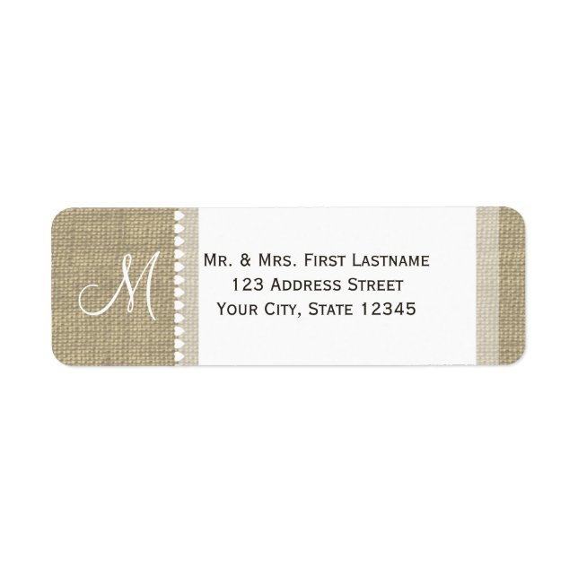 Burlap Monogram Hearts Return Address Label (Front)