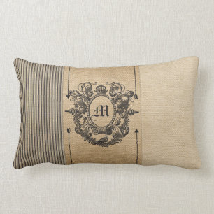 Burlap Monogram Vintage Style Lumbar Cushion