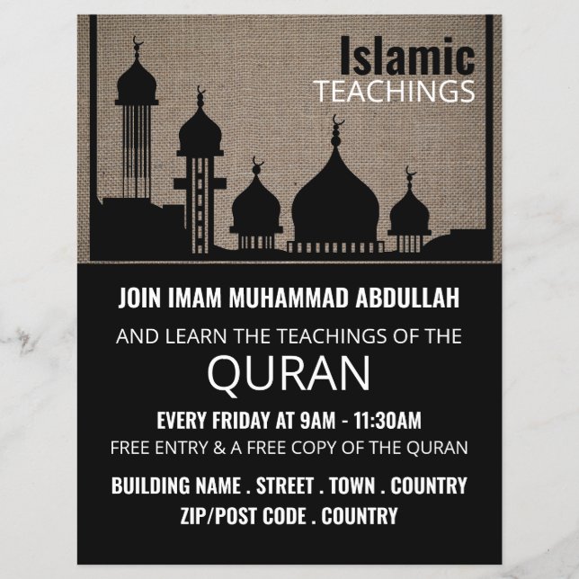 Burlap Mosque Silhouette, Islamic Teaching Advert Flyer (Front)