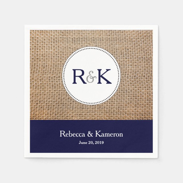 Burlap & Navy Blue Monogrammed Wedding Napkin (Front)