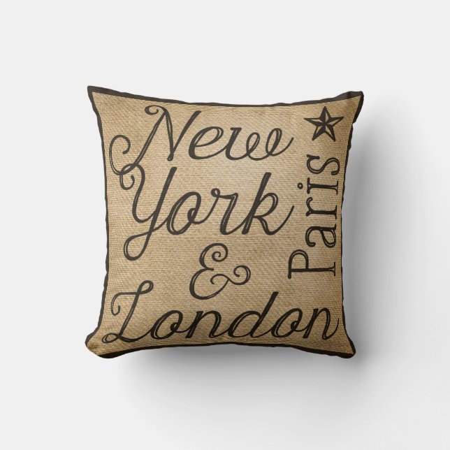 Burlap New York Paris London Cushion (Front)