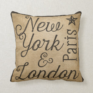Burlap New York Paris London Cushion