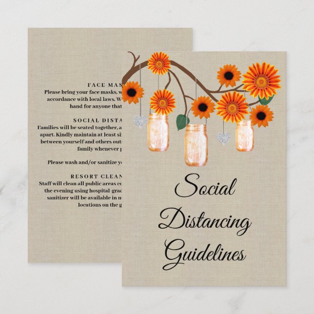 Burlap Orange Floral Mason Jar Safety Measures Enclosure Card (Front/Back)