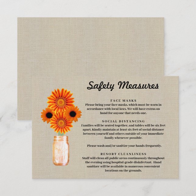 Burlap Orange Floral Mason Jar Safety Measures Enclosure Card (Front/Back)