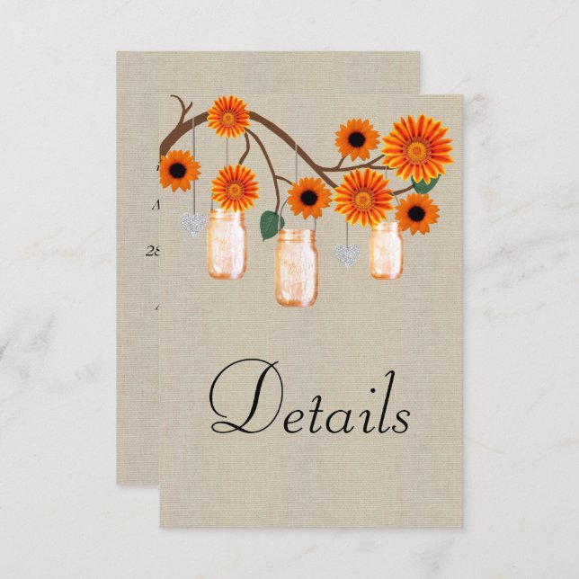 Burlap Orange Floral Mason Jars Wedding Details Enclosure Card (Front/Back)