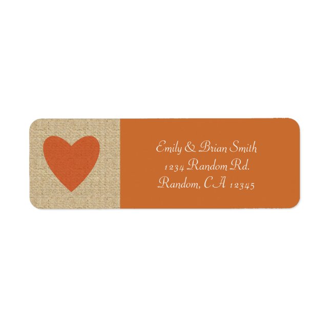 Burlap orange heart custom return address labels (Front)