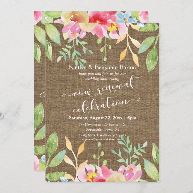 Burlap Painted Flowers Vow Renewal Celebration Invitation (Front/Back)