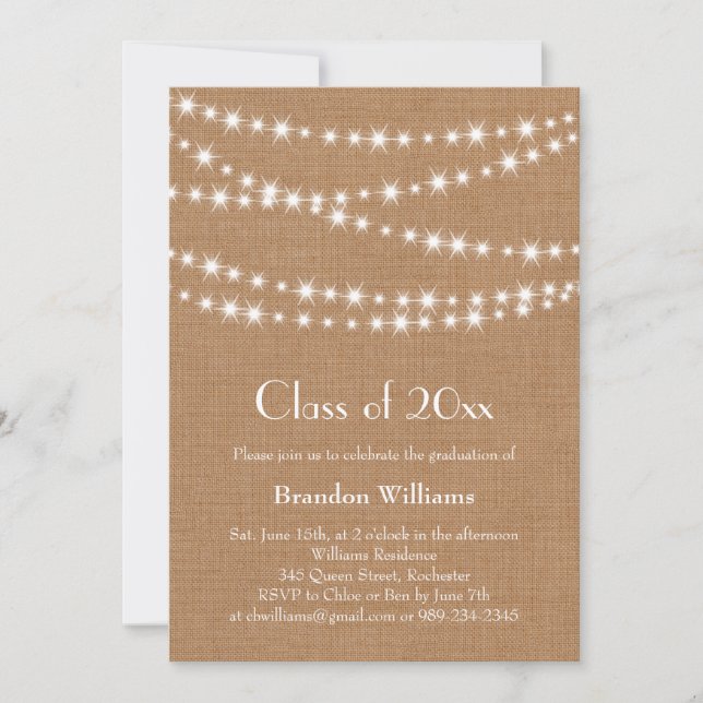 Burlap Party Lights Graduation Invitation (Front)