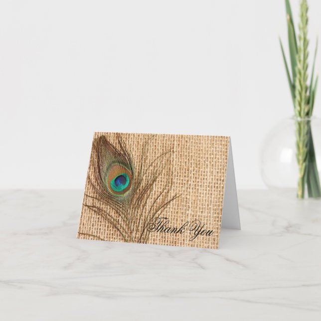 Burlap Peacock Feather Thank You Card (Front)