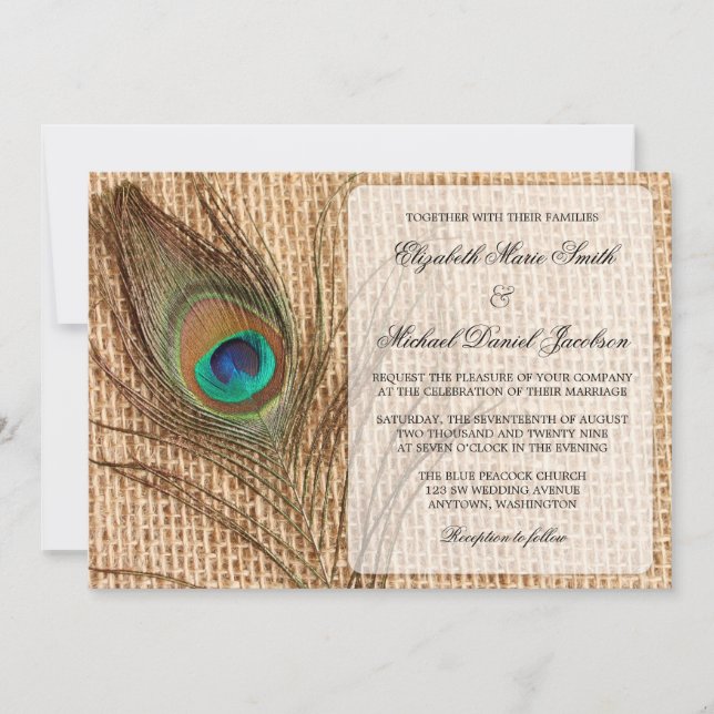 Burlap Peacock Feather Wedding Invitation (Front)
