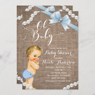 Burlap & Pearls Blue Bow Blonde Baby Boy Shower Invitation