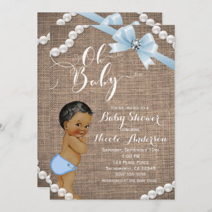 Burlap & Pearls Blue Bow Ethnic Baby Boy Shower Invitation