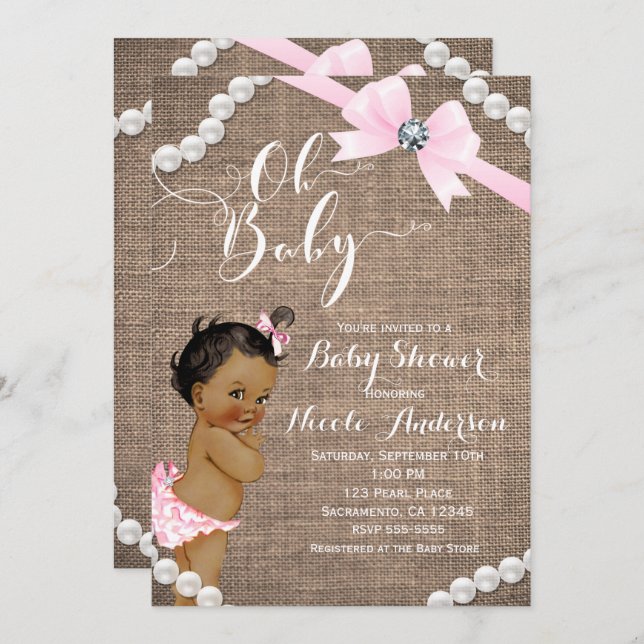 Burlap & Pearls Pink Bow Ethnic Girl Baby Shower Invitation (Front/Back)