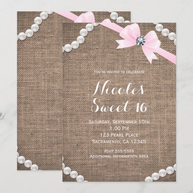 Burlap & Pearls Pink Bow Glamour Sweet 16 Party Invitation (Front/Back)
