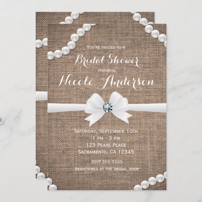Burlap & Pearls Rustic Glamour Bridal Shower Invitation (Front/Back)