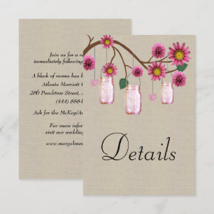 Burlap Pink Floral Mason Jars Wedding Details Enclosure Card