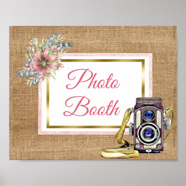 Burlap Pink Floral Photo Booth Wedding Sign Poster (Front)