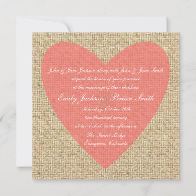 Burlap pink heart rustic wedding invitations (Front)